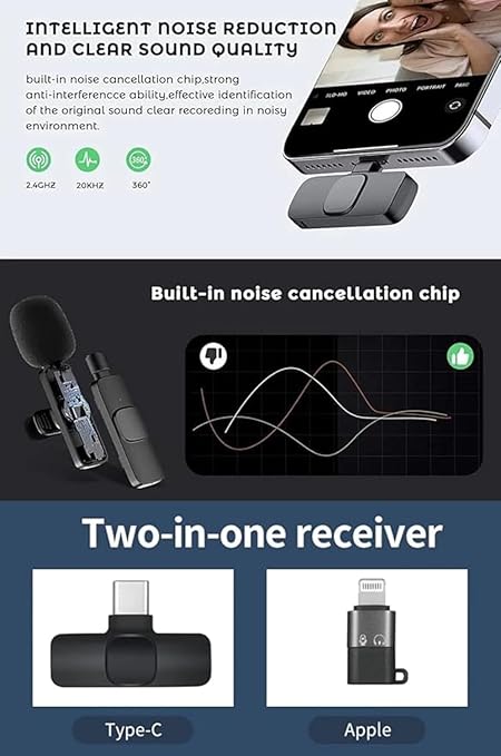 k9 Wireless Lavalier Microphone (2 Pcs) | Ideal for USB-C, I/Phone, Smart/phones, IPads and Macs with USB-C port, Android devices, laptops with USB-C Port | Auto Noise Reduction