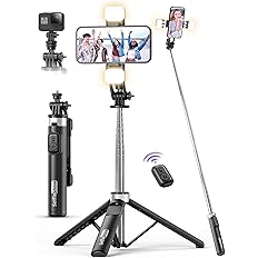 53'' Selfie Stick Tripod with Light, Extendable Selfie Stick with Remote, Portable Cell Phone Tripod Stand with All in 1 Phone Clip